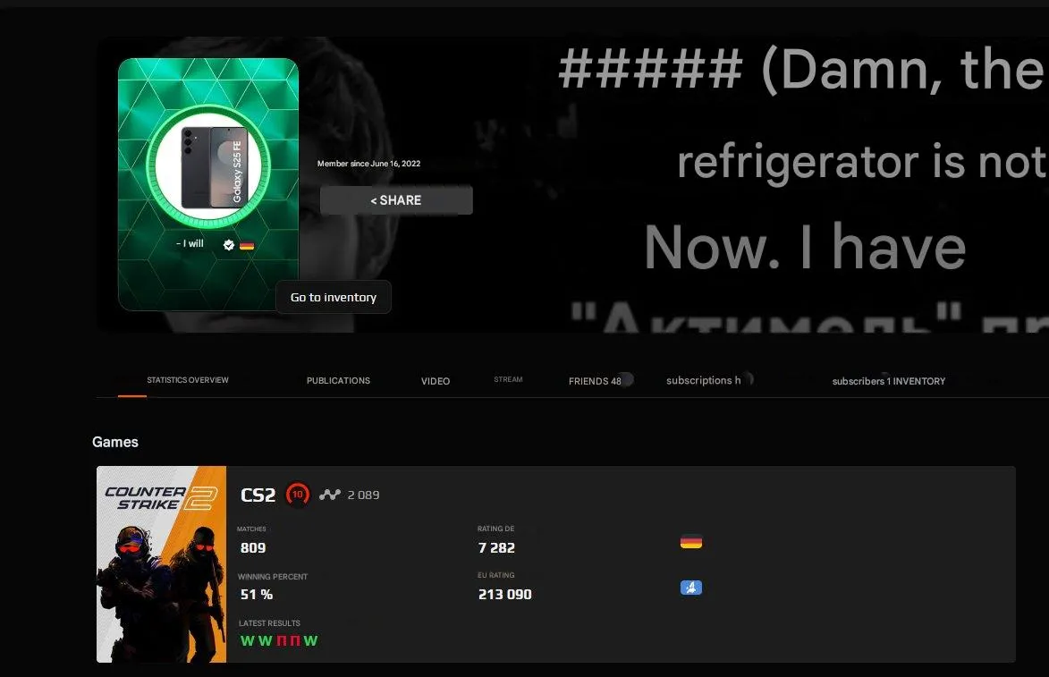 CS237 10 LVL FACEIT 2112 ELO - 809 Matches - 2022 Registration - 720 Hrs in Steam - 18 Games - 3 Steam Badges - 1000 FACEIT Points 